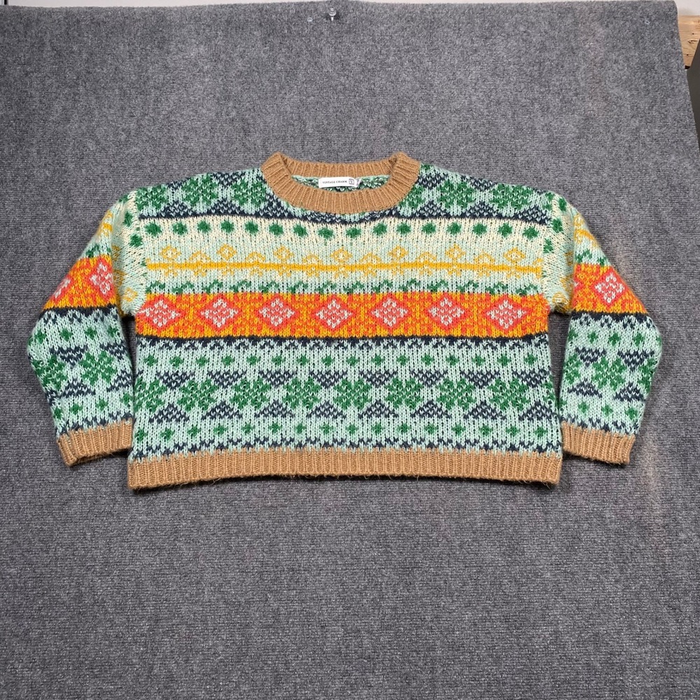 Vintage Charm Fair Isle Sweater Men Size S M Green Orange Geometric Knit